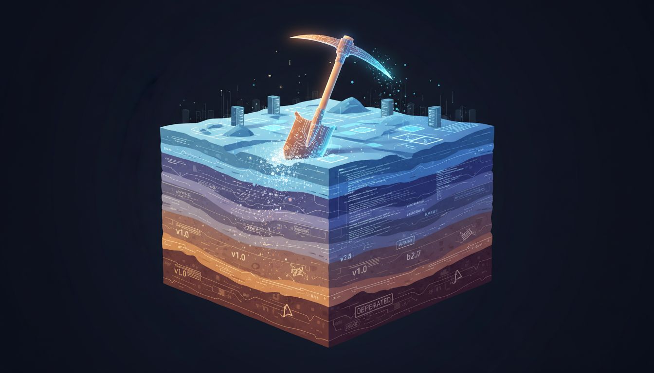 Geological strata metaphor showing layers of accumulated legacy code being excavated