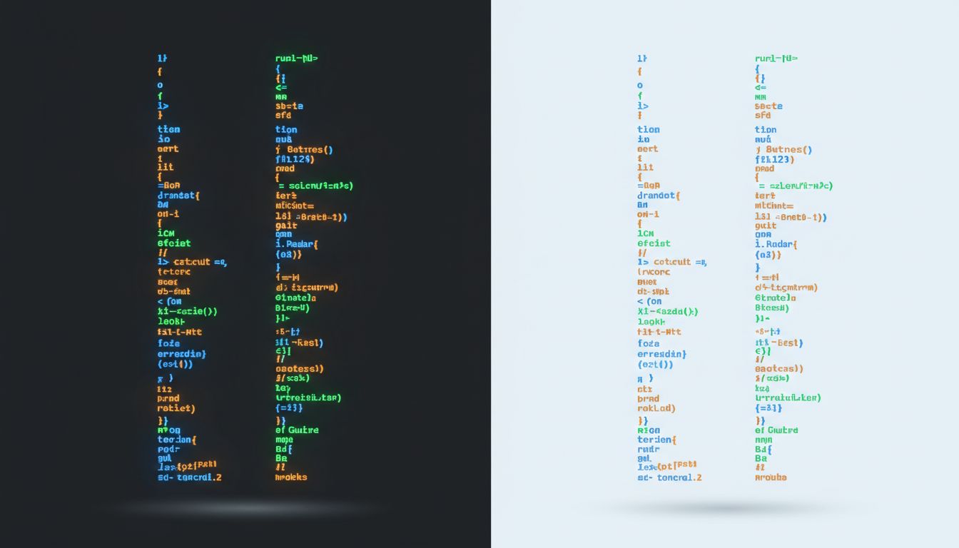 Abstract illustration comparing syntax highlight color contrast on dark versus light code editor backgrounds