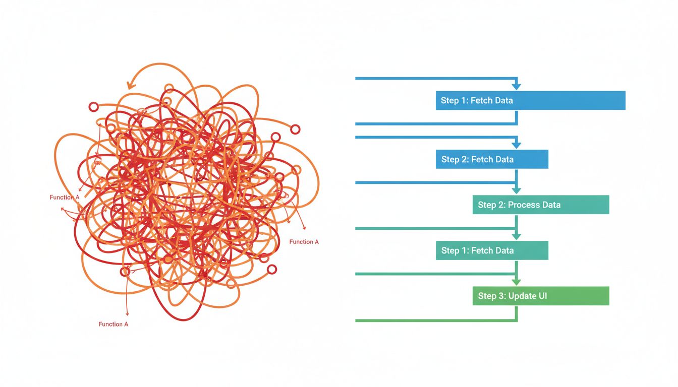 Diagram comparing old callback-heavy code architecture with modern async patterns