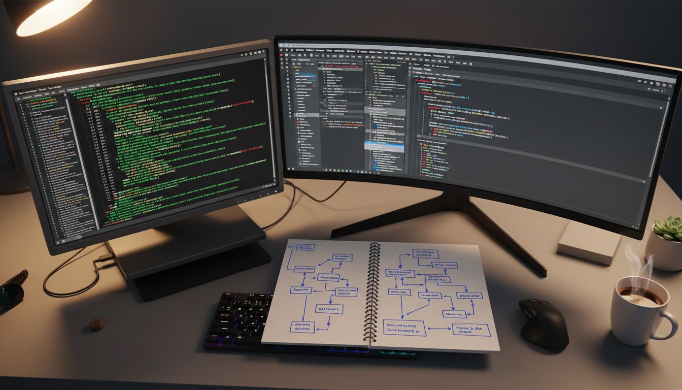 Software engineer comparing legacy code with a modern rewrite on dual monitors