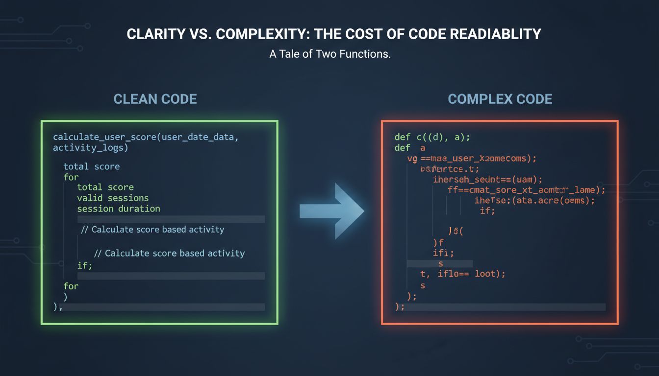 Side-by-side diagram contrasting readable code structure with deliberately obfuscated code structure