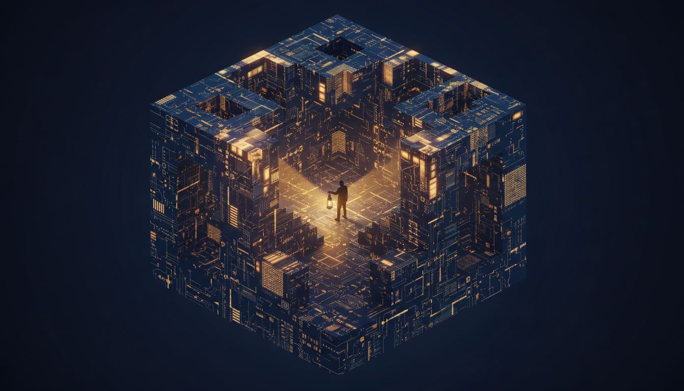 Abstract illustration of an intricate code maze with a single person holding light at the center