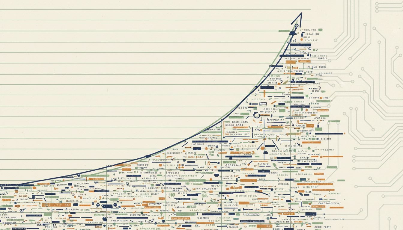 Abstract illustration of technical debt accumulating over time, visualized as a compound interest curve made of code fragments