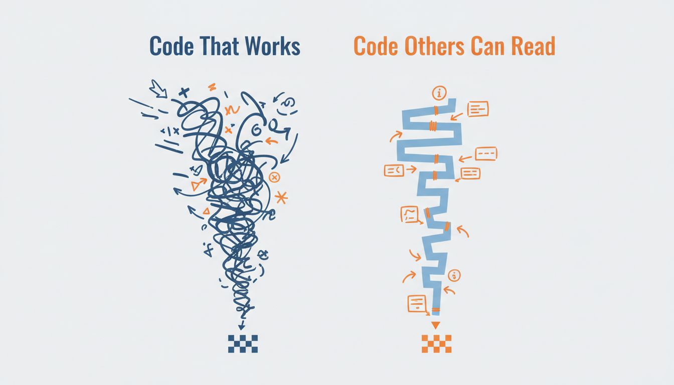 Diagram contrasting the fast path of writing working code versus the slower, more deliberate path of writing readable code