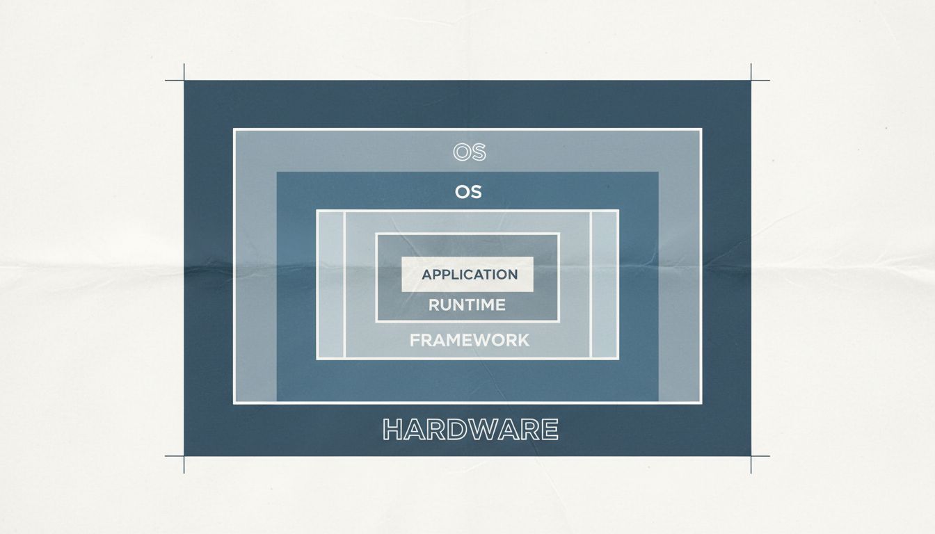 Cross-section diagram of software abstraction layers stacking on top of hardware, each layer heavier than the last