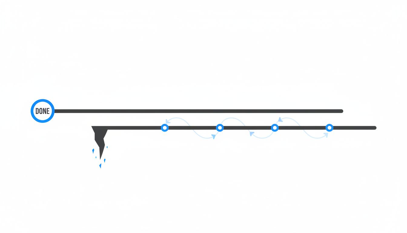 Diagram contrasting a single completion point that drops off versus a continuous improvement timeline
