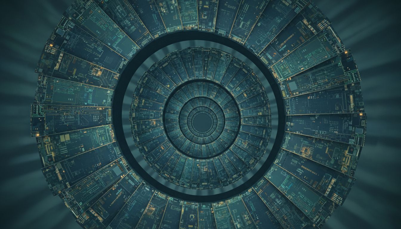 An infinite spiral staircase made of circuit board patterns, viewed from above, with no visible top level