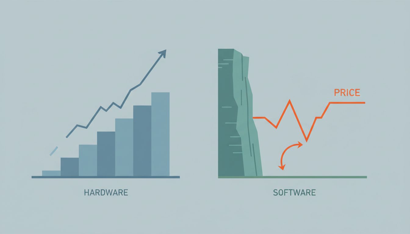 Diagram comparing hardware marginal cost curve rising with each unit versus software marginal cost collapsing to near zero after initial development, while price stays high