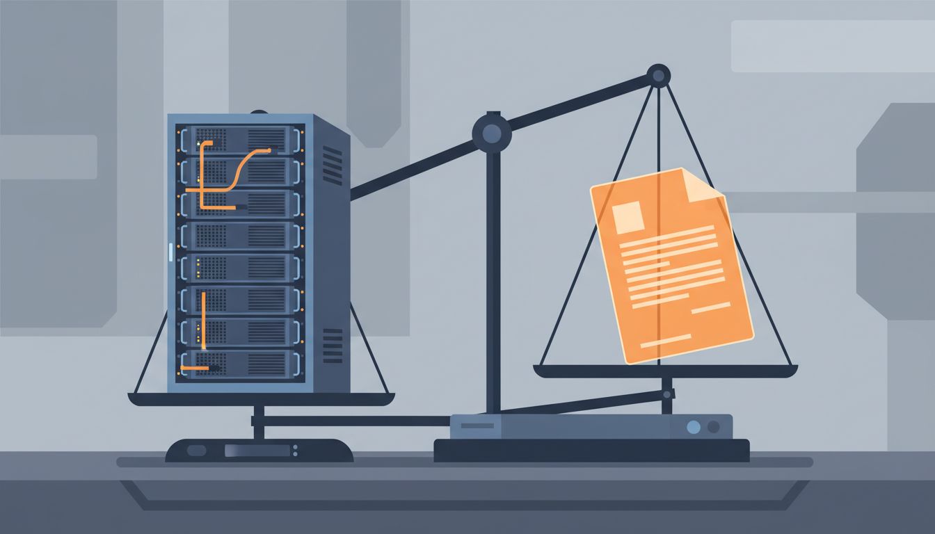 Illustration of a server rack and a software license document on opposing scales, with the license outweighing the physical hardware