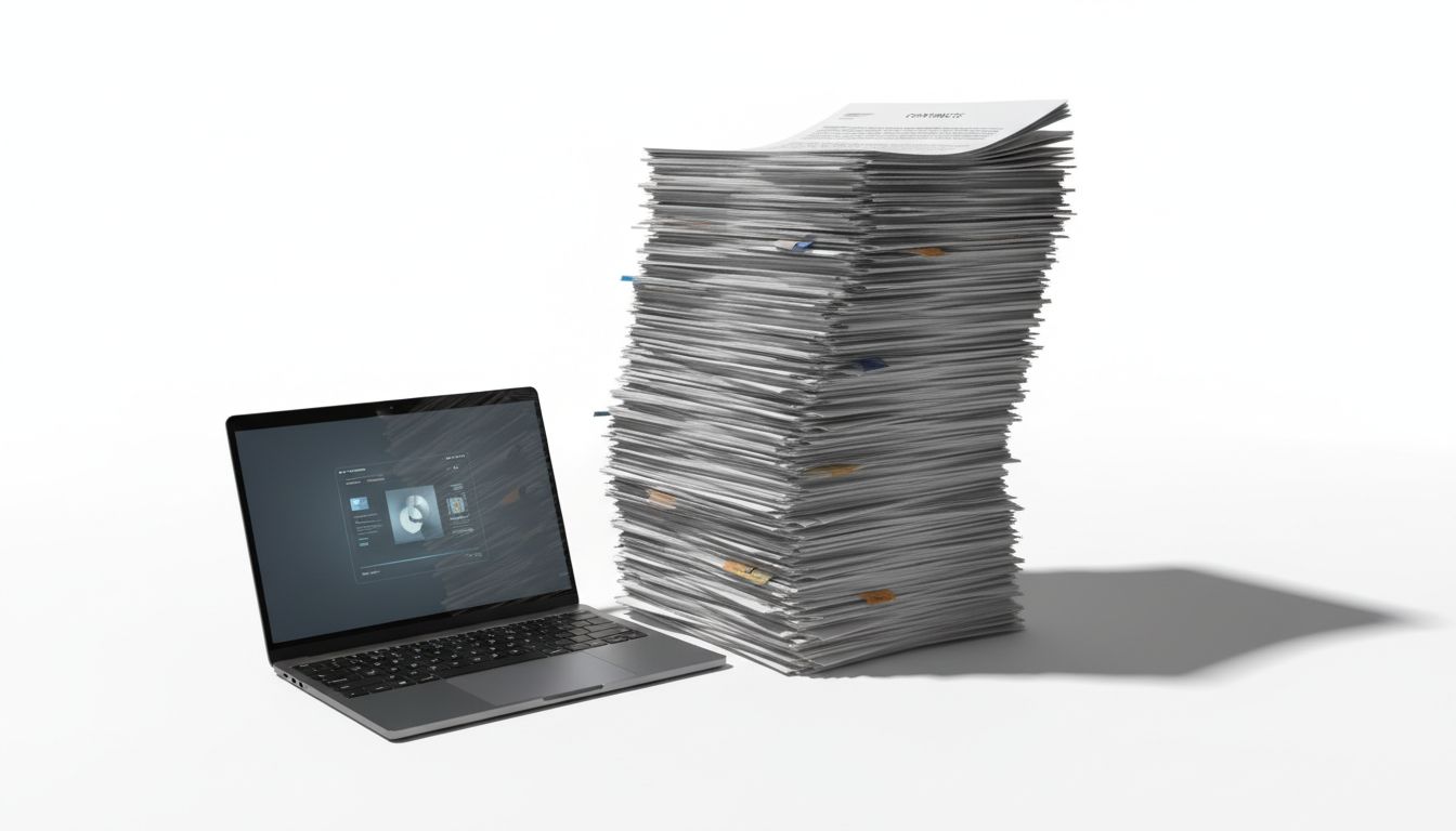 A laptop computer dwarfed by a towering stack of software license agreements and contracts
