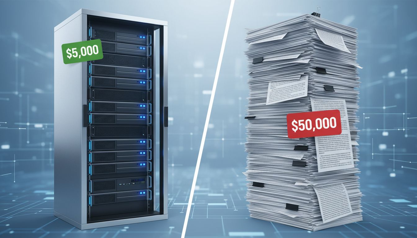 Server hardware with a small price tag next to a massive software license agreement with a much larger price tag