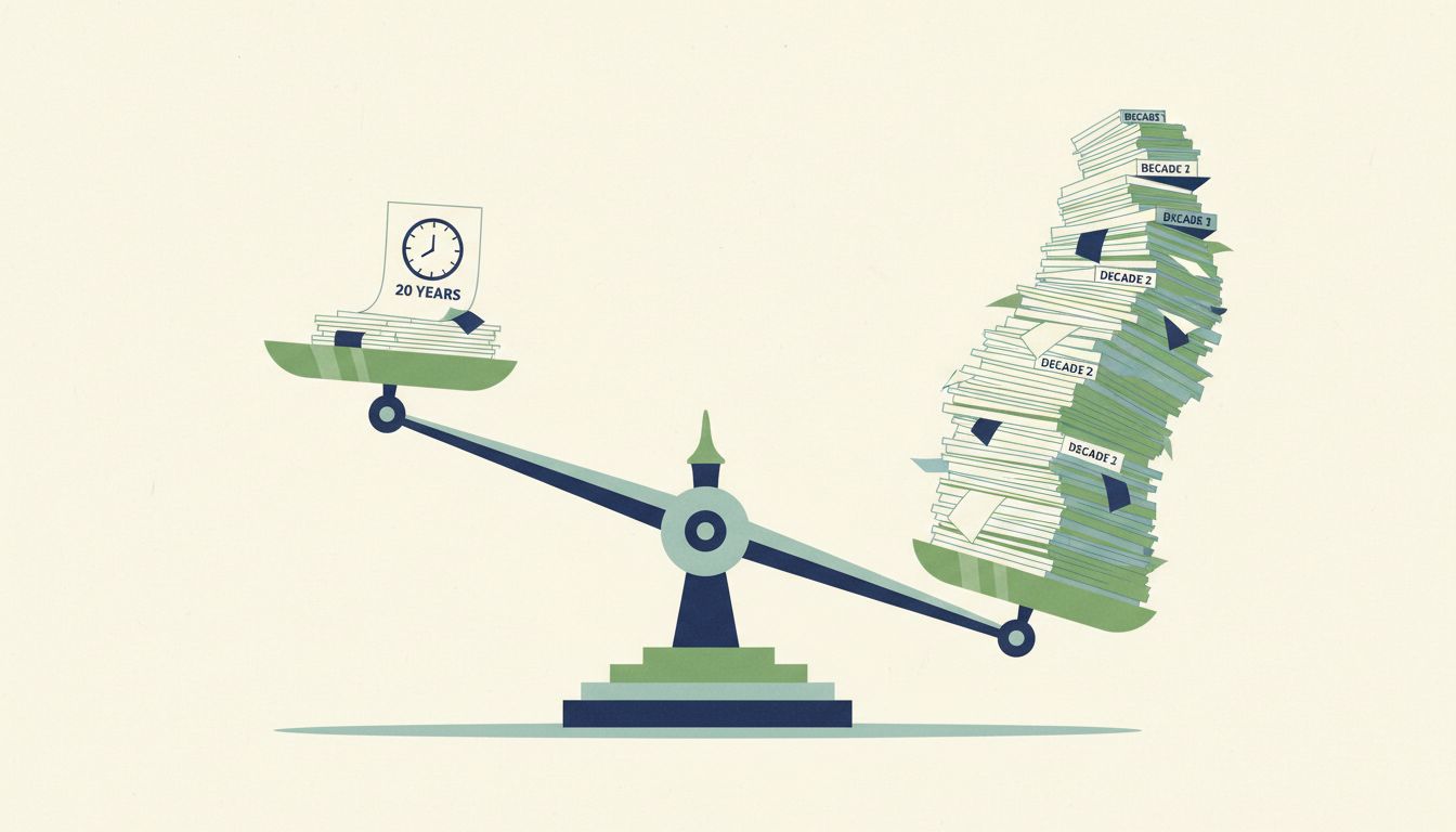 A balance scale tilted heavily by an enormous stack of copyright documents dwarfing a small patent stack