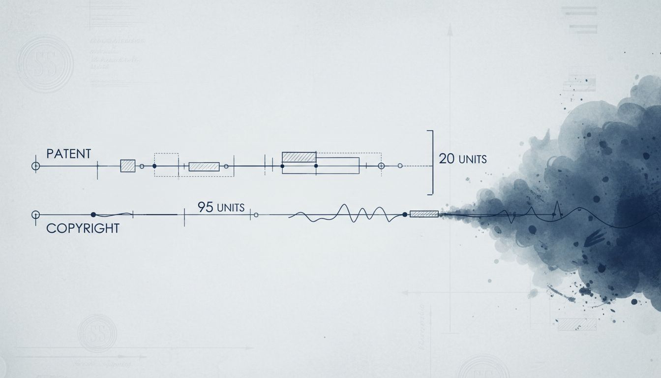 Two timelines side by side showing the dramatic length difference between a 20-year patent term and a 95-year copyright term