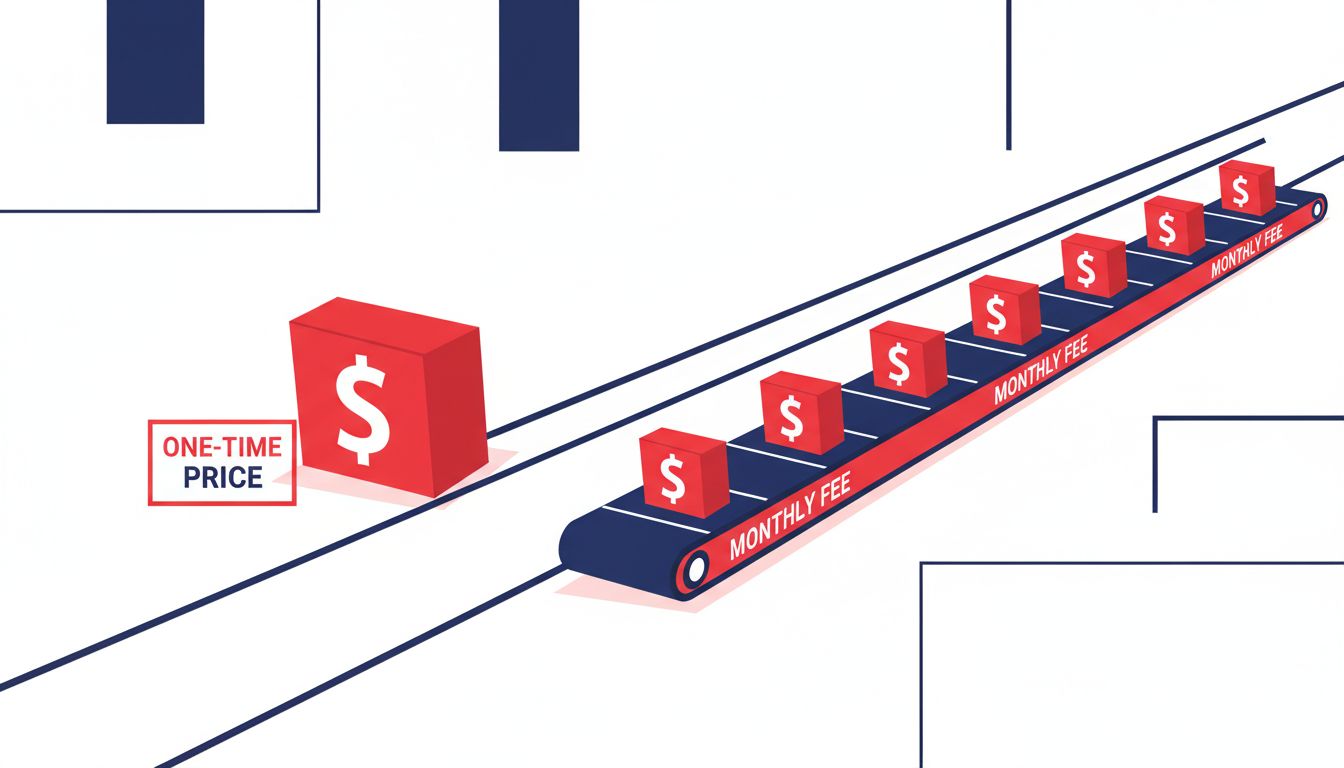 Illustration comparing one-time software purchase versus ongoing subscription cost paths