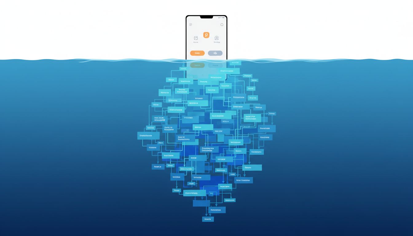 Iceberg diagram showing clean app UI above the surface and complex software dependencies below
