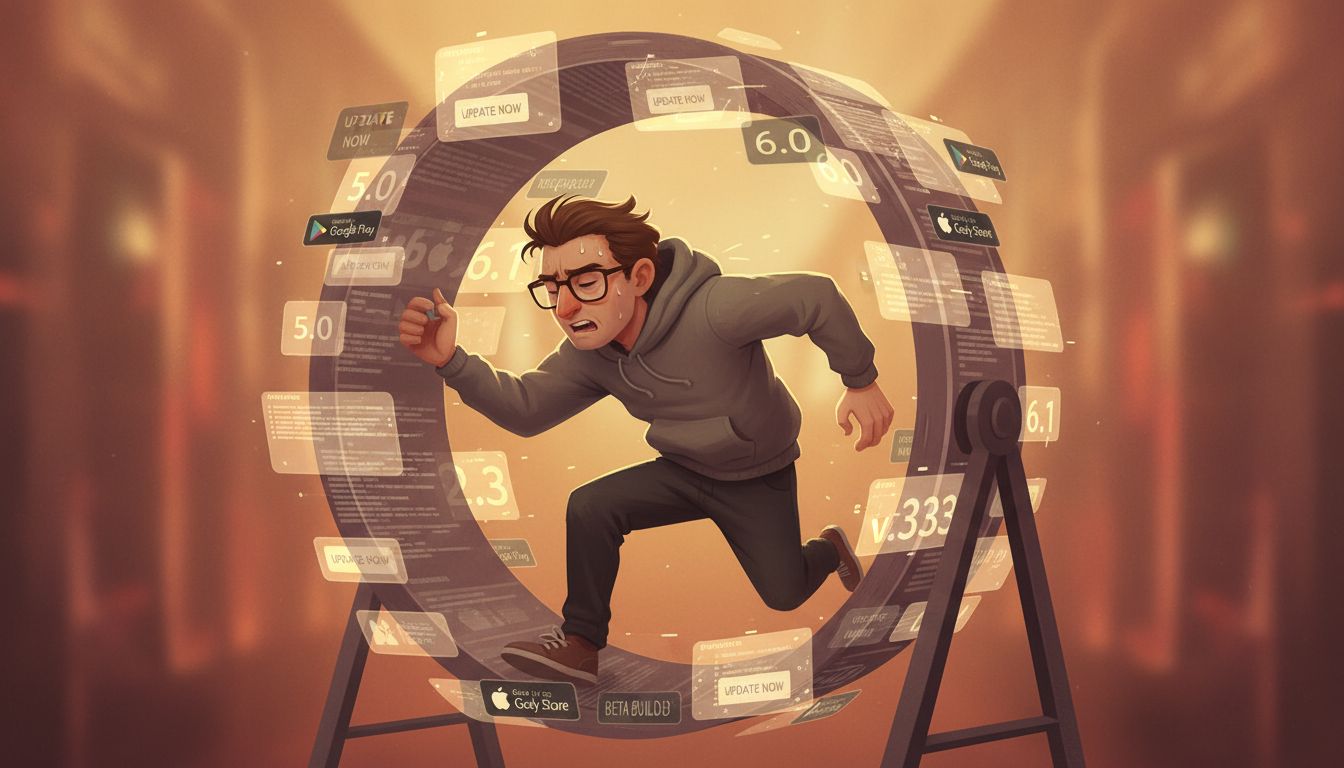 Developer running on a hamster wheel made of software update notifications and changelog items