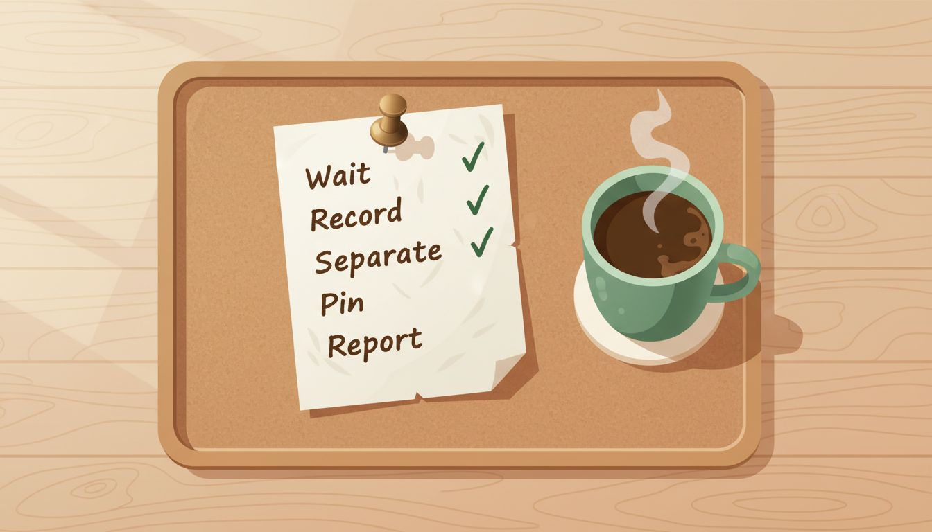 A simple five-step checklist for managing software updates pinned to a corkboard with a coffee mug nearby