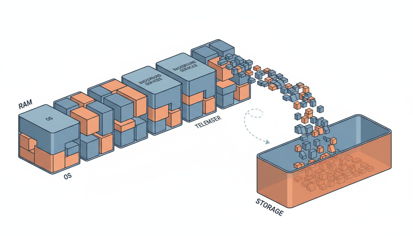 Diagram showing RAM containers full of OS and app processes with overflow spilling into slower storage, illustrating memory pressure