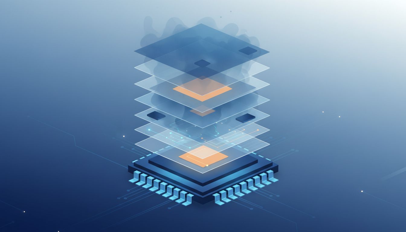Cross-section illustration of a processor buried under stacked software abstraction layers, each dimming the light from the chip below