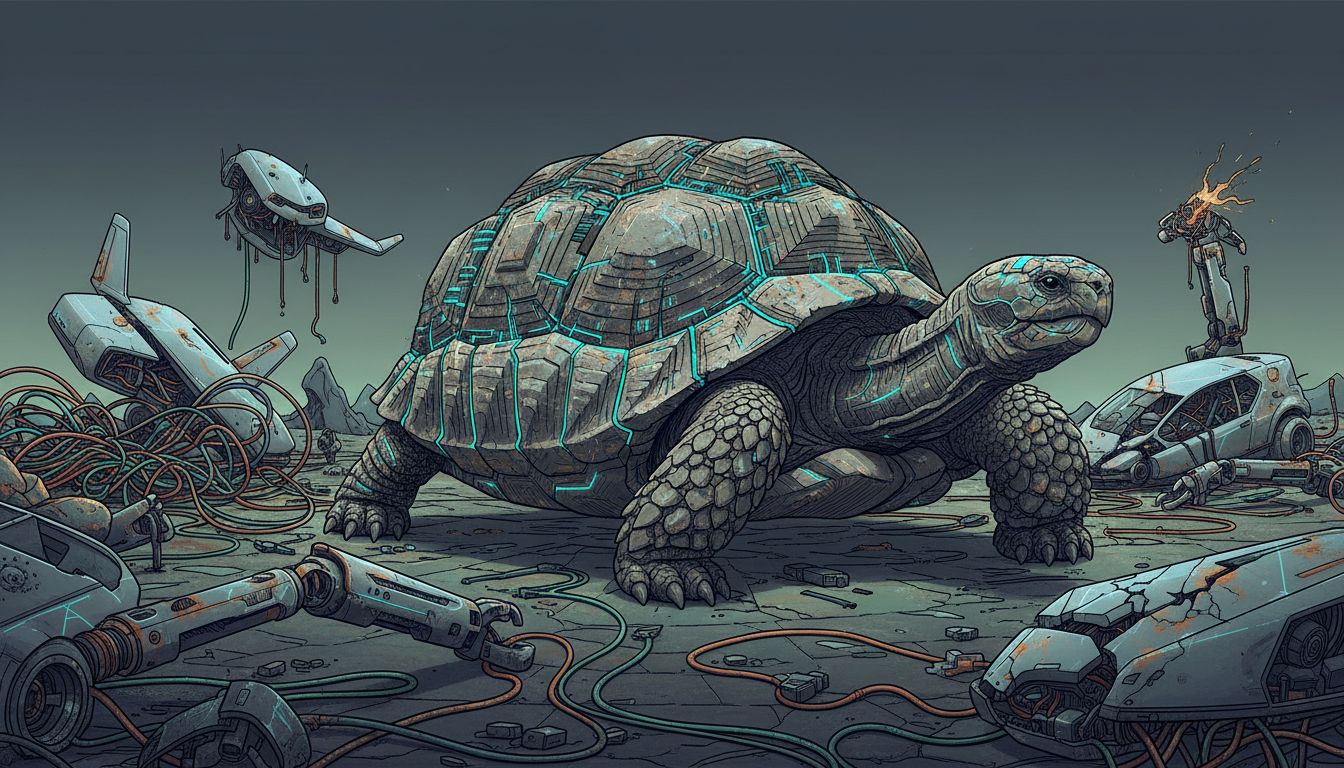 Illustration of a solid tortoise moving past broken faster machines, representing reliability over speed