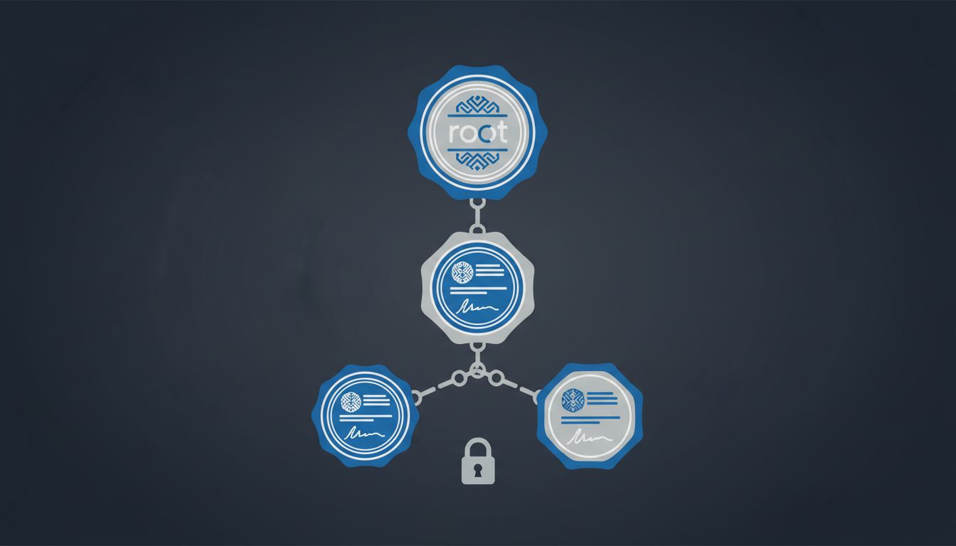 Abstract illustration of a certificate chain of trust, showing layered authority from a padlock up to a root certificate authority