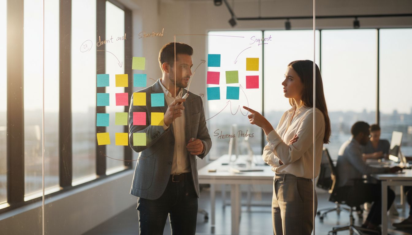 A startup founder and an employee having a tense but productive debate at a whiteboard covered in sticky notes
