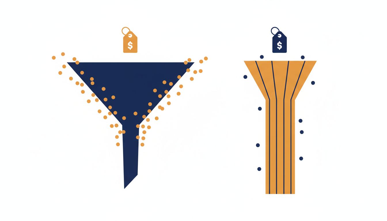 Diagram comparing churn rates between low-price and high-price customer funnels