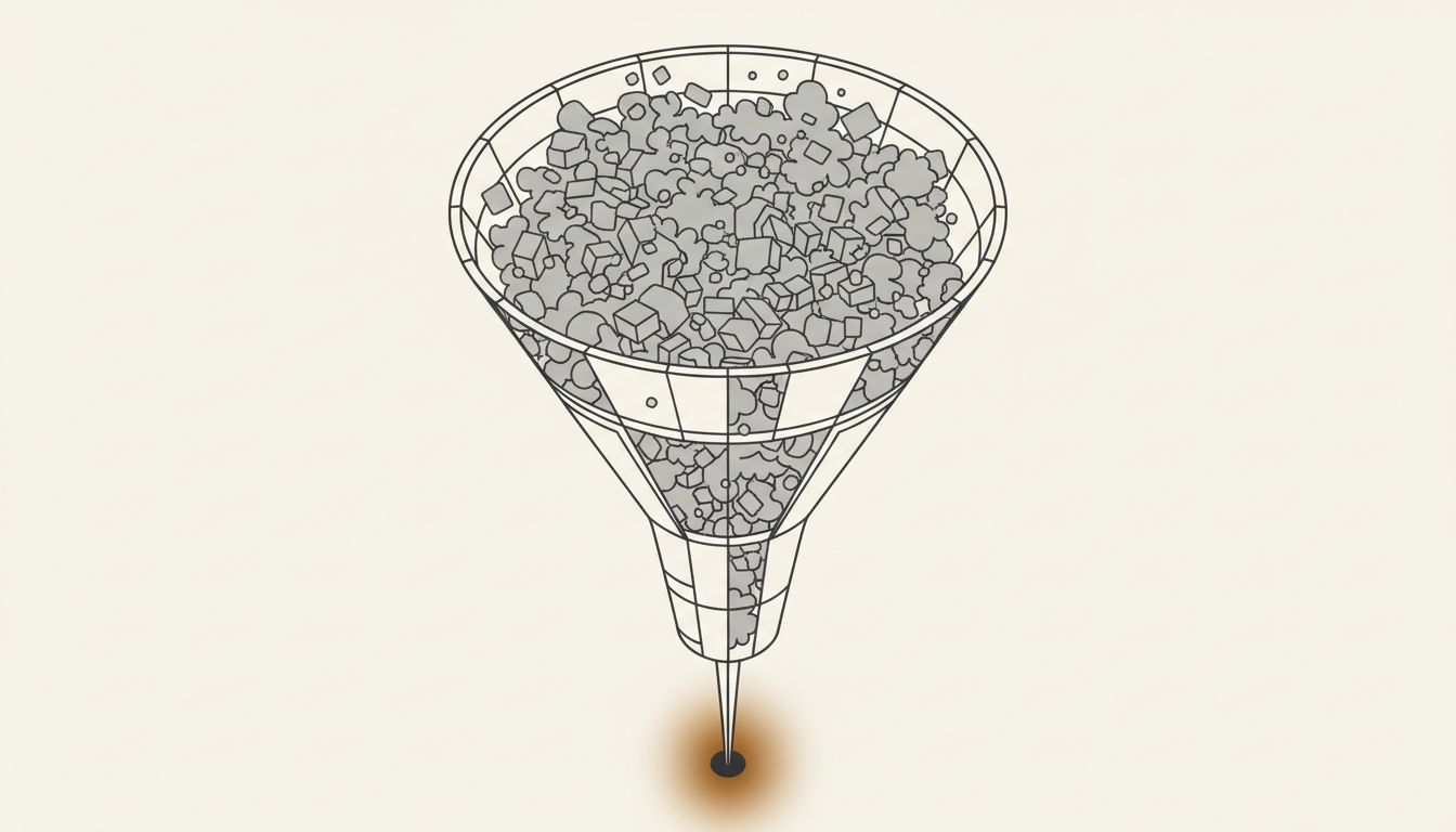 A funnel diagram where a narrow, focused point at the bottom glows with clarity against a noisy, crowded wide opening at the top