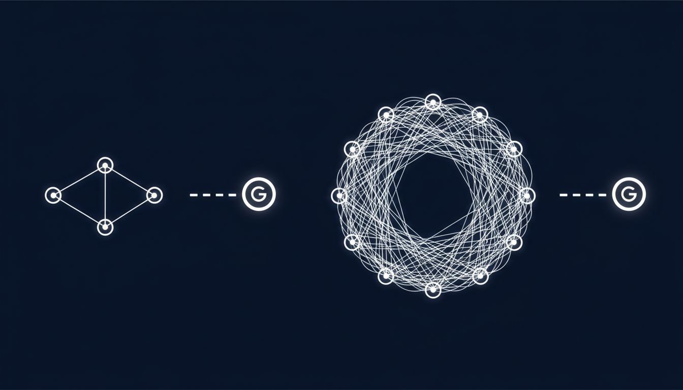 Diagram contrasting a small tightly connected team pivoting easily versus a large distributed organization unable to change direction