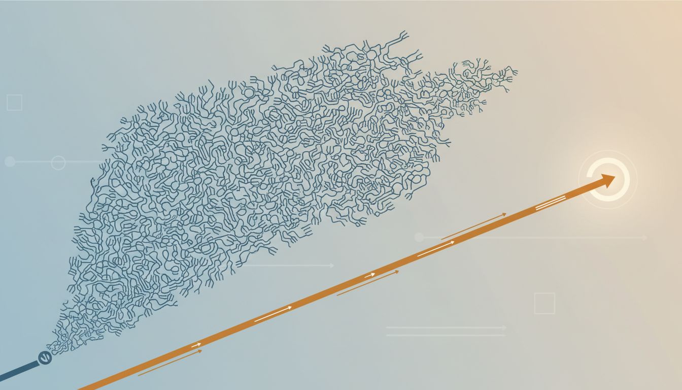 Abstract diagram showing a narrow constrained path leading directly to a goal versus a wide path with many branching options leading nowhere clear