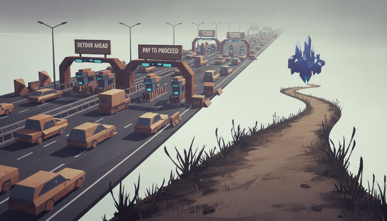 Illustration contrasting a congested funded path with a lean direct route arriving faster