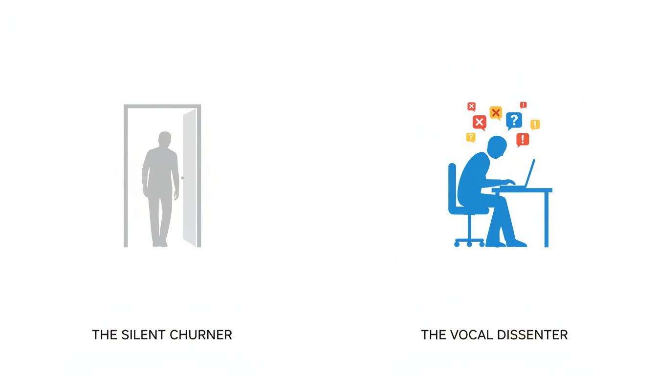 Diagram contrasting a silent user who churns quietly versus an engaged user who complains, showing which one provides useful product signal