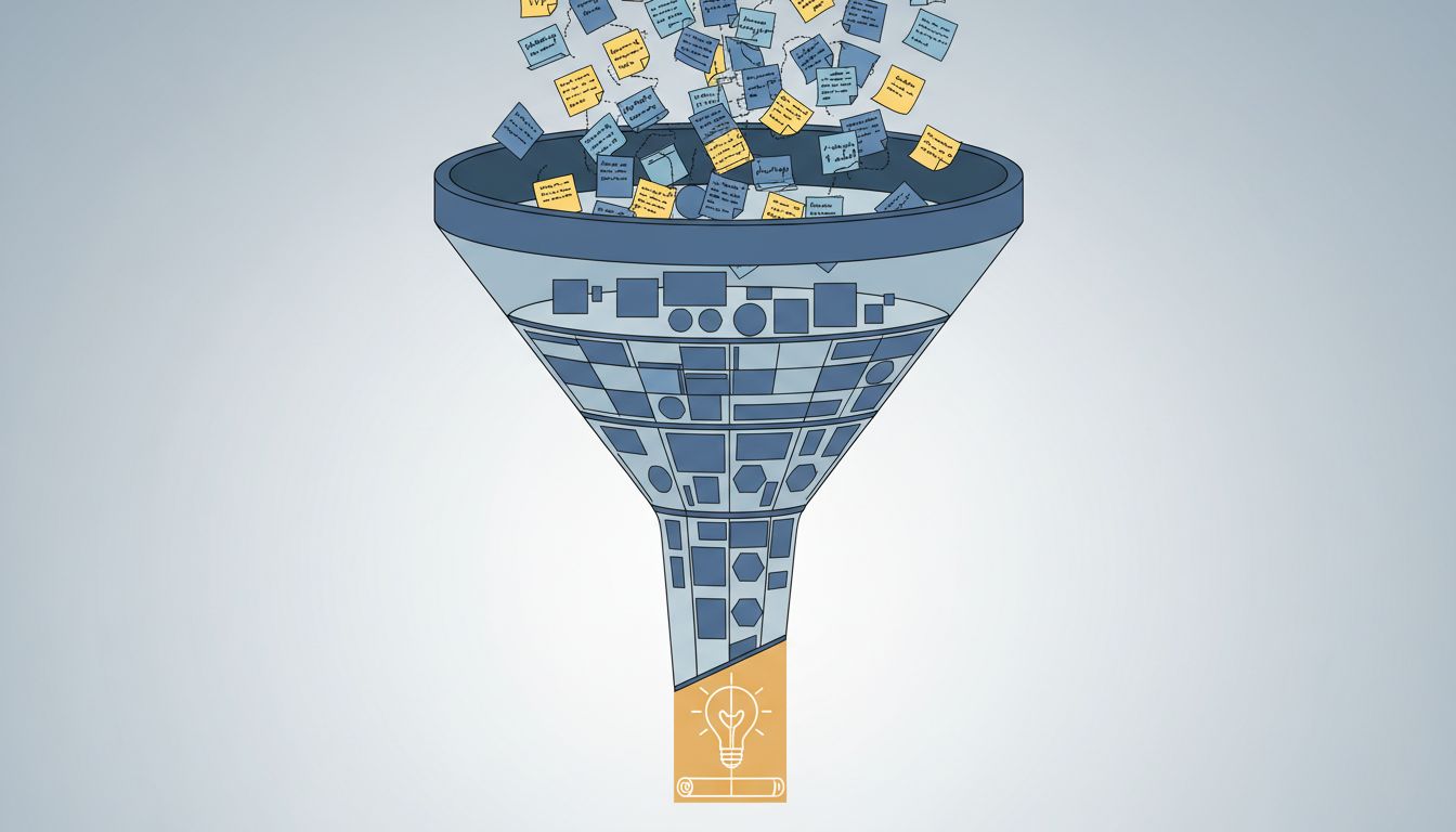 Illustration showing customer complaints being filtered and transformed into product improvements through a structured funnel