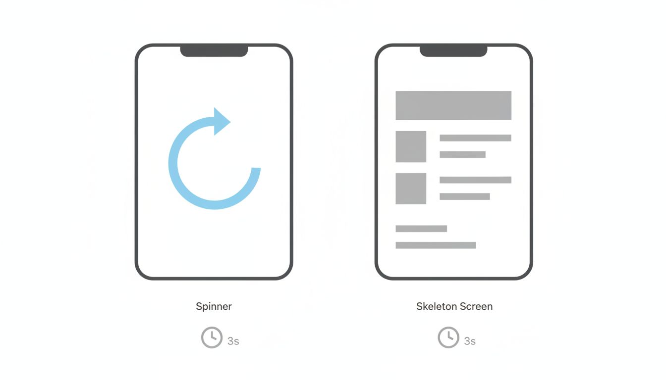 Diagram comparing a spinner loading state to a skeleton screen loading state with equal time elapsed