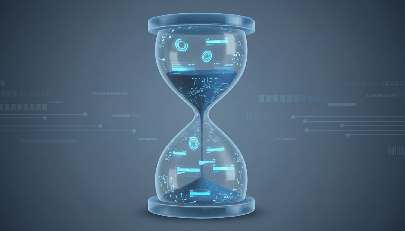 An hourglass filled with digital UI loading elements, suggesting deliberate control over time