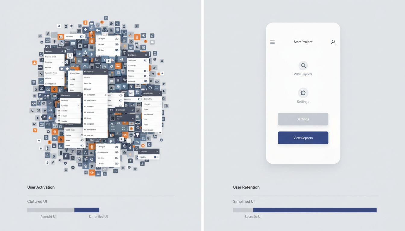 Side-by-side comparison of a feature-heavy app interface versus a simplified version with usage metrics showing higher engagement on the simpler design