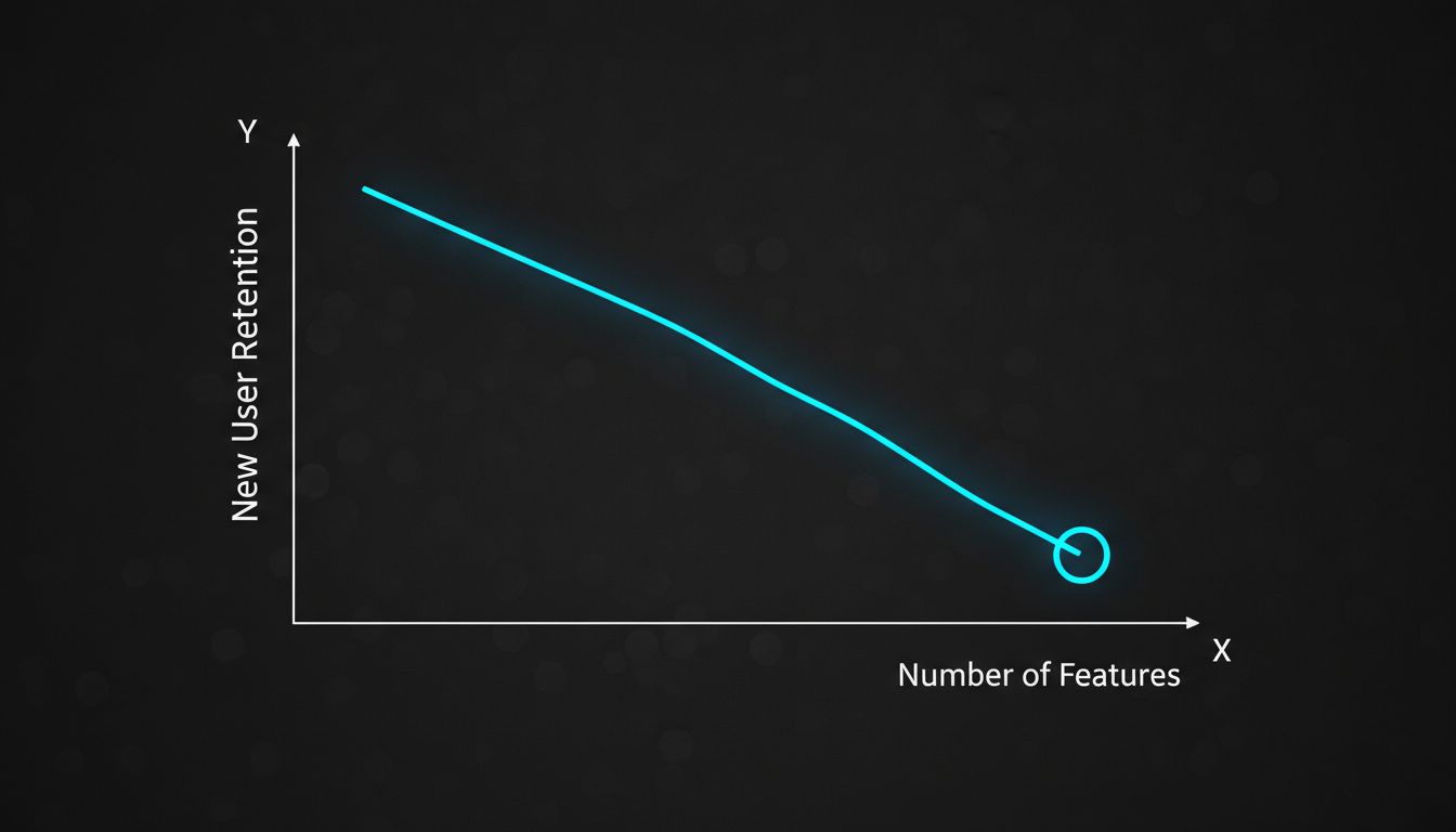 Graph showing the inverse relationship between number of app features and new user retention rate, with a marked inflection point