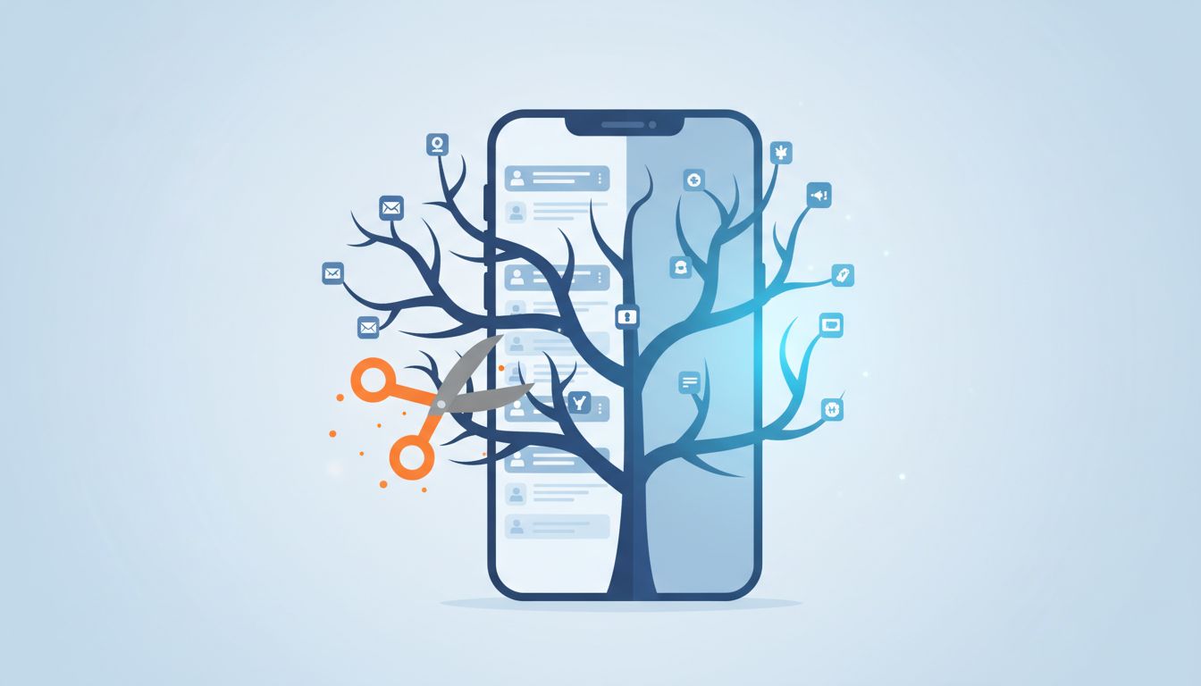 Illustration of a smartphone shaped like a tree being pruned, representing deliberate feature removal in app development