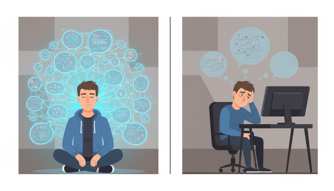 Illustration showing the contrast between a developer's rich mental model while coding versus the empty recall weeks later