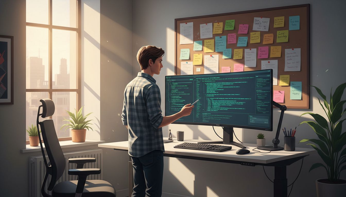 Developer reviewing a pull request at a standing desk in a modern office with sticky notes visible in the background
