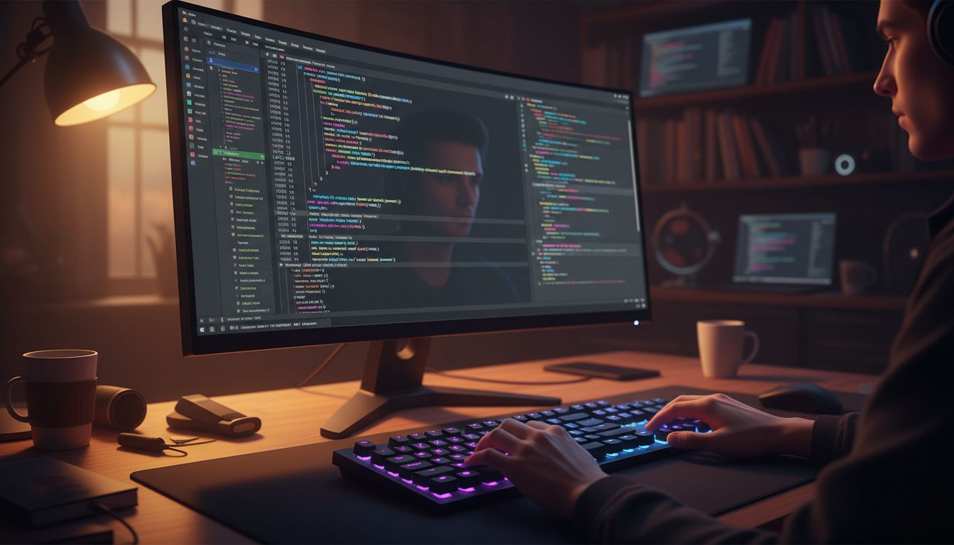 A developer writing code comments in a dark-themed code editor at a home office workstation