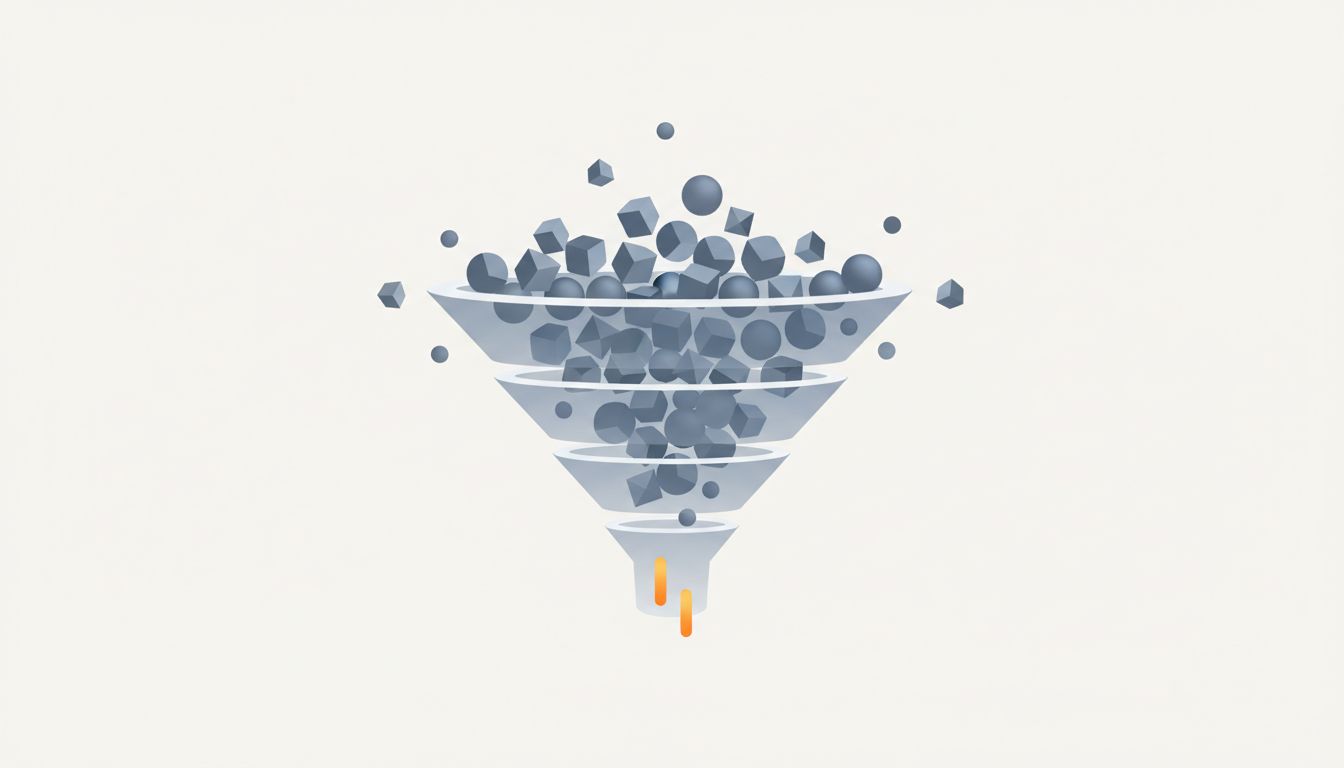 Diagram illustrating a three-stage decision filter where most partnership proposals are eliminated before one passes through