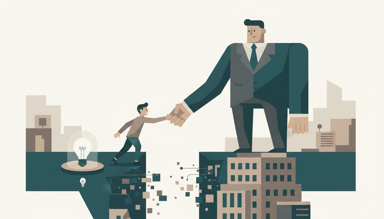 Illustration showing the power imbalance between a startup and a large corporate partner during a handshake
