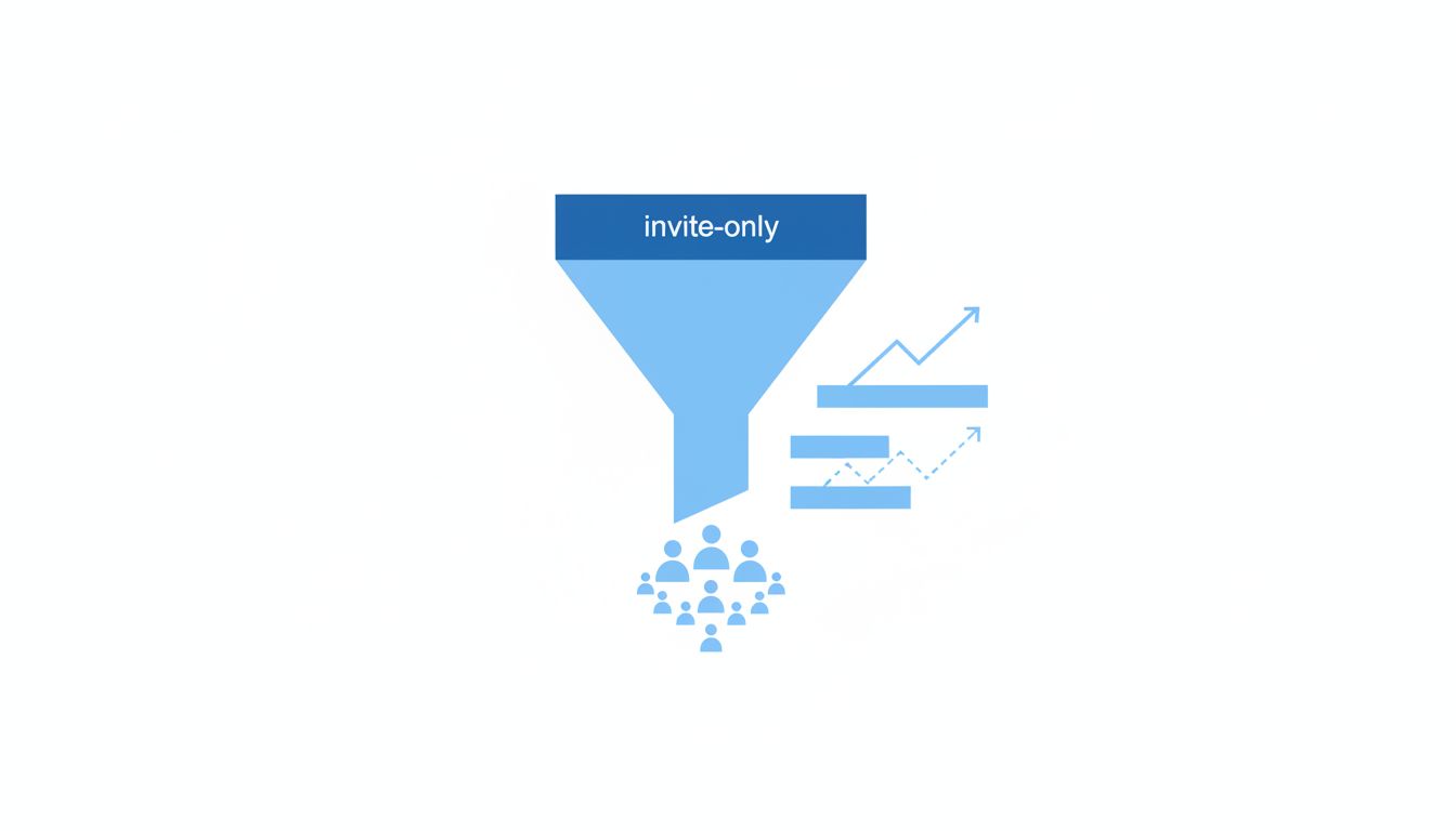 Funnel diagram showing how invite-only access filters for high-intent early adopters and grows engagement over time