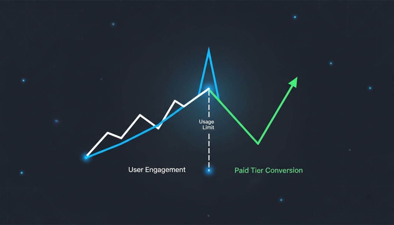 Line graph showing a conversion spike at the moment users hit a platform's free tier usage limit