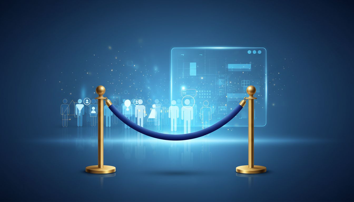 A velvet rope blocking access to a glowing digital platform, representing artificial launch limits and controlled access strategies