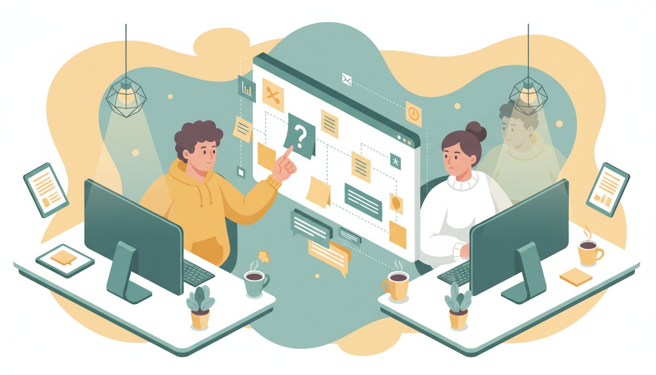 Remote team members on a video call actively discovering and discussing a problem on a shared whiteboard