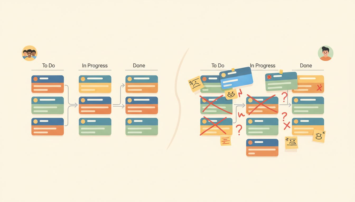 Split view of a tidy project board versus a deliberately annotated and questioned version of the same board before a deadline