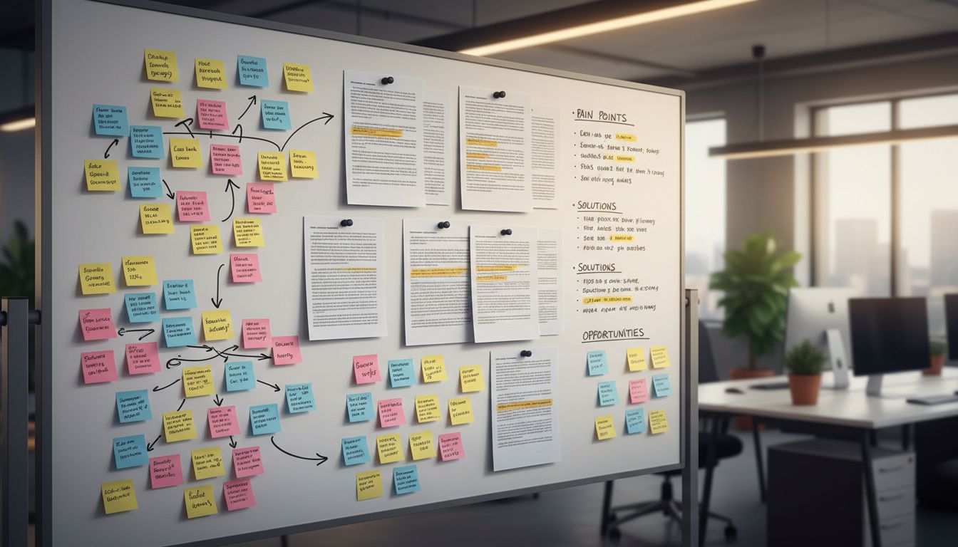 Customer research whiteboard with post-it clusters and interview transcripts