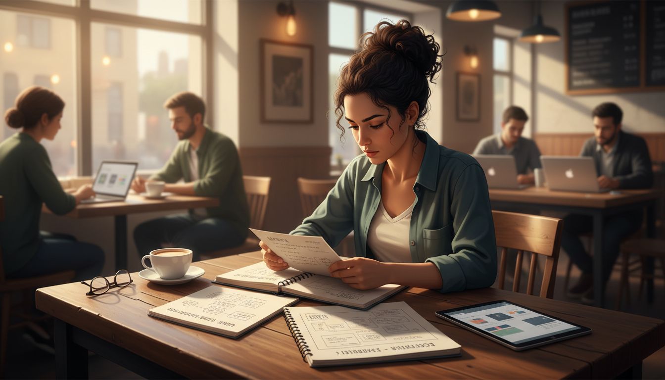 Founder reviewing handwritten user interview notes at a coffee shop